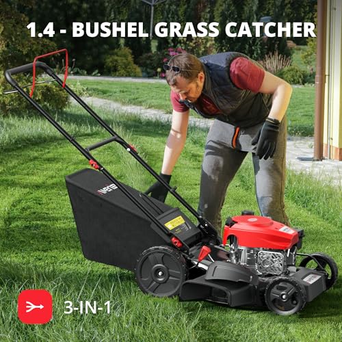 AMERISUN Gas Lawn Mower, 170cc OHV Engine with Forced Air Cooling, 21" Steel Deck, 3-in-1 Mulching/Bagging/Side Discharge, 6 Cutting Heights, 1.4-Bushel Grass Catcher, Self-Propelled