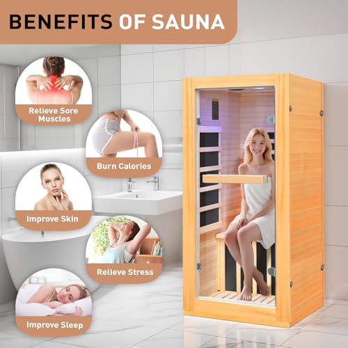 Lamar Far Infrared Sauna with Red Light, Low EMF Home Sauna Room, 10-Color Light, Bluetooth Speakers, Digital Control Panel - Personal Indoor Luxury Spa for House and Gym