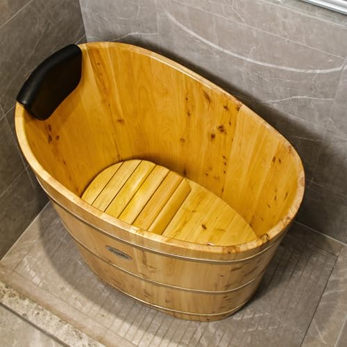 JRYTIN 34 Inches Small Handcrafted Free Standing Wooden Bathtub, Portable Deep Soaking Tub for Relaxation, Natural Cedar Wood, Ideal for Home Spas and Bathroom Renovations, Perfect Hot Tub Option