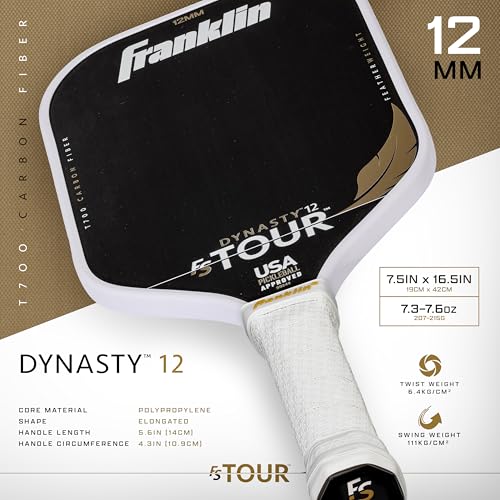 Franklin Sports Pro Pickleball Paddles - FS Tour Featherweight Series Lightweight Paddles - USA Pickleball Approved - Raw Carbon Fiber Surface - Dynasty - 12mm Polymer Core - White