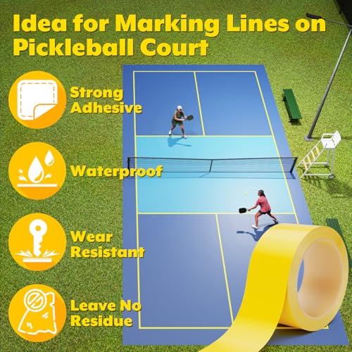 Pickleball Court Tape Outdoor Yellow Marking Line - 212 ft x 2 in Full Size Court Floor Sports Marking Tape for Pickle Ball, Tennis, Badminton, Car Park, Backyard, Water-Resistant & Tear Resistant
