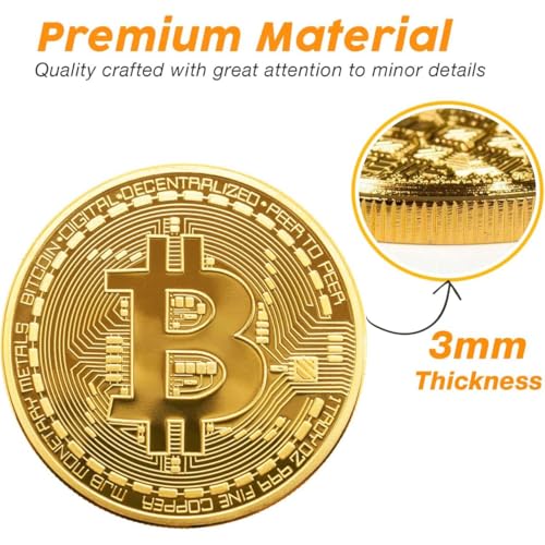 Naturiway 10 Pcs Bitcoin Coins, 24K Gold Plated, 3mm BTC Cryptocurrency Collectibles with Protective Case, Blockchain Decor for Home and Office