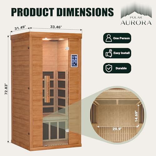 Polar Aurora 1- Person Infrared Sauna, Remotely Controllable Indoor Sauna, Low EMF 1200W/120V LCD Heater, WiFi & BT Control, 9-Color Light Therapy, Safe Flame-Retardant Material, Wood