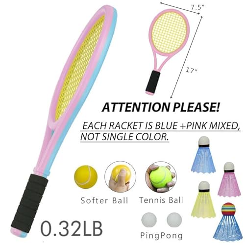 Kids Tennis Rackets with Carrying Bag,Soft Training Balls and Badminton Birdies,12 in 1 Tennis Racquets Gift Set for Children Outdoor Indoor Sports (Blue+Pink,Plastic,17inch)