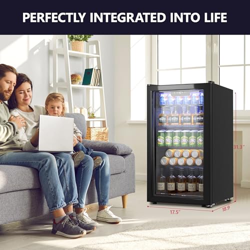 Icyglee Beverage Refrigerator Cooler, 126 Can Mini Fridge with Glass Door for Wine, Soda Beer, Beverage Cooler for Home, Bar, Office with Adjustable Removable Shelves, Black