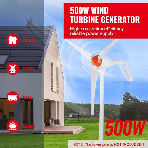 Happybuy 500W Wind Turbine Generator, 12V Wind Power Kit, 3-Blade Wind Generator with MPPT Controller, Adjustable Windward Direction, 2.5m/s Start Wind Speed, Ideal for Home, Farm, RVs, Boats
