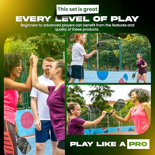 Pickleball Paddles Set of 2, Reinforced T700 Raw Carbon Fiber Paddles with High Texture Surface and Perforated Comfort Grip, Honeycomb Polypropylene Core, 4 Durable Pickleballs & Carry Bag.