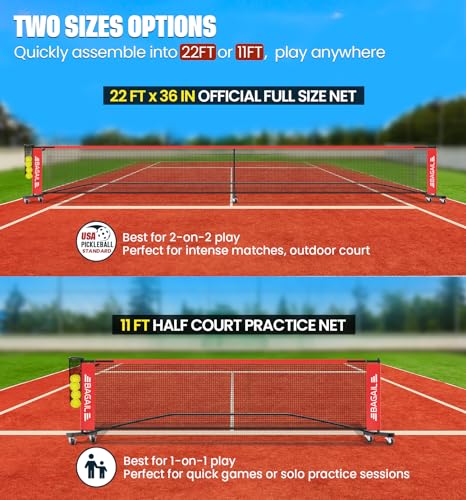BAGAIL Portable Pickleball Net Set with Wheels, 22 FT Regulation Size & 11 FT Half Court Size 2-in-1 Pickle Ball Net with Ball Collector, Carry Bag, Easy Setup for Outdoor Indoor Driveway - Red