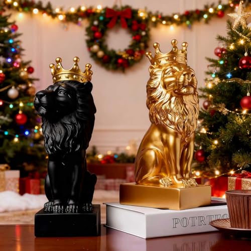 Lion Statue Indoor Tilted-Head Lion Figurine Collectible-13 Inch Black Lion Sculpture with Gold Crown Home Decor for Desk Decorations,Black and Gold Living Room Bedroom Decor Best Gift for The Man