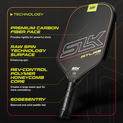 Selkirk SLK Atlas MAX Raw Carbon Fiber Pickleball Paddles | Midweight Pickleball Paddle with Polymer Honeycomb Core | USAPA Approved Carbon Fiber Face for Spin and Control | Ember