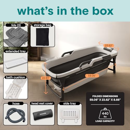 Serenelife 59" Portable Bathtub for Adults – Large Foldable Ice Bath Tub for Cold Plunge & Hot Spa, Freestanding Soaking Tub for Indoor/Outdoor, 440lbs Capacity, Polypropylene, Dark Grey