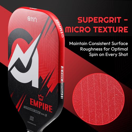 A11N Empire Edgeless Pickleball Paddle – Carbon Fiber Paddle with Longer Handle Design for Double-Handed Backhand & SuperGrit Surface Texture Technology, PowerMax – Elongated Shape, Red