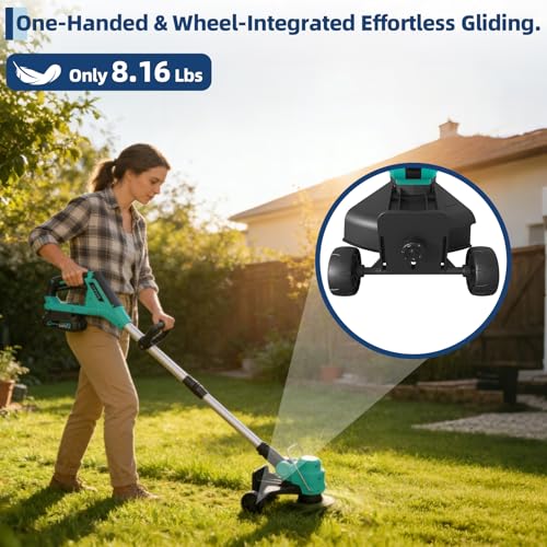 Garvee 12" Cordless Weed Wacker - String Trimmer Grass Trimmer, w/ 2 x 2.0Ah Batteries with Wheels, 8 pcs Spools Lines, Fast Charger
