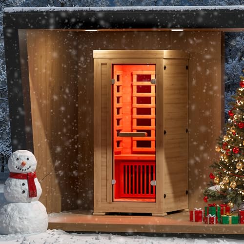 ENSTVER Infrared Wood Sauna 5.4Ft 1 Person, Luxury Full Spectrum Far Infrared Sauna Features Low EMF 1240w 7-Light Dynamic & Music Speakers, Canadian Hemlock Dry Indoor Saunas for Home & Gym