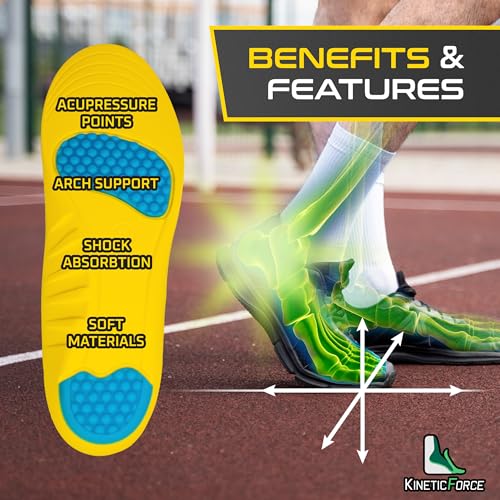 KineticForce Sport Arch Support Inserts for Men and Women - Trimmable Running Insoles - Gel Insoles for Men and Women for Foot Pain (Men's 8-13)