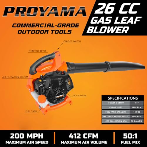 PROYAMA 26CC 2 Cycle Gas Leaf Blower, 2 in 1 Nozzle Handheld Powerful Blower, 412CFM 200MPH Lightweight Powerful Leaf Blower with Cruise Control for Lawn Care Snow Removal, Blowing Debris Leaves Dust