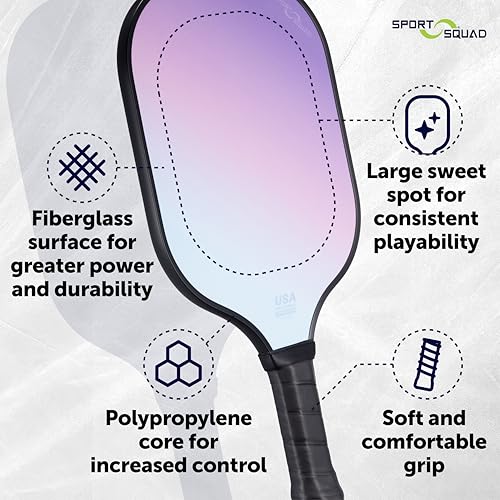 Sport Squad Lightweight Graphite Fiberglass Pickleball Paddle Designed for More Power and Consitency - Polypropylene Honeycomb Core - USAP Approved - Tacky Cushion Pickleball Grip - for Kids + Adults