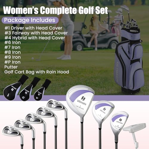 Tangkula 10 Pieces Women's Complete Golf Clubs Set Right Hand, Includes 460cc Alloy #1 Driver & #3 Fairway Wood & #4 Hybrid & #6/#7/#8/#9/#P Irons, Putter, Golf Club Set (Purple)