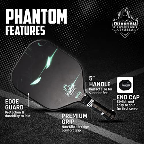 Phantom Pickleball Paddle Savage 13mm - Carbon Fiber - USA Pickleball Approved - Max Grit and Spin Elongated Body Pickle Ball Paddle - Lightweight Pickleball Racket with Polypropylene Core