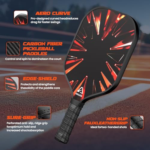 Akiefb Pickleball Paddles, T300 Carbon Fiber Pickleball Paddle with 4 Grip Tapes and a Carry Bag,14mm Polypropylene Honeycomb Core,Ideal Pickleball Training Equipment for Beginners (Flame)