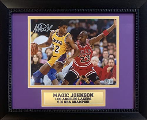 Magic Johnson Autographed 8x10 Framed Photo vs Michael Jordan | Beckett Authenticated, Basketball Memorabilia Display