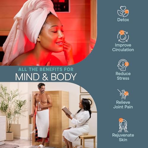 LifePro Rejuvacure Cozy Far Infrared Sauna with Red Light Therapy – 1 Person Home Sauna, 7 Carbon Fiber Heaters, Canadian Hemlock, Bluetooth & Chromotherapy – Indoor Relaxation & Wellness