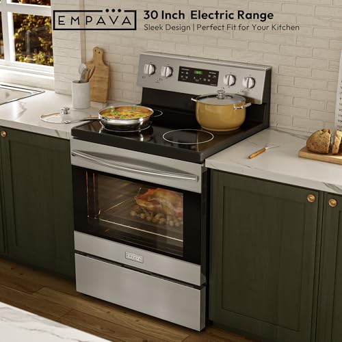 Empava Electric Range, Radiant Ceramic Cooktop with 4.8 Cu. Ft. Oven, 4 Cooking Elements, Steam Cleaning, Freestanding & Slide-in Stove in Stainless Steel,30 Inch, 240V(Power Cord Not Included)