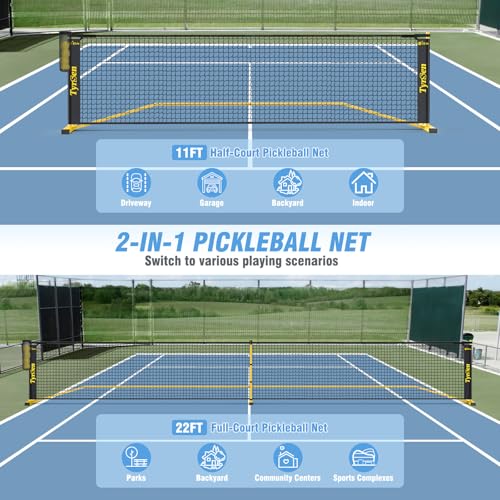 TYRSEN Portable Pickleball Net for Driveway, 22 FT Regulation Size & 11 FT Half Court Size Pickleball Net with Ball Collector, 2-in-1 Pickle Ball Net with Carry Bag for Outdoor Indoor Garages