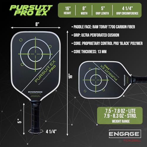 Engage Pursuit Pro EX Pickleball Paddle – Widebody Shape, Raw T700 Toray Carbon Fiber Face, 13mm Control Pro “Black” Core (Alpine Lime, Lite (7.5-7.8oz))