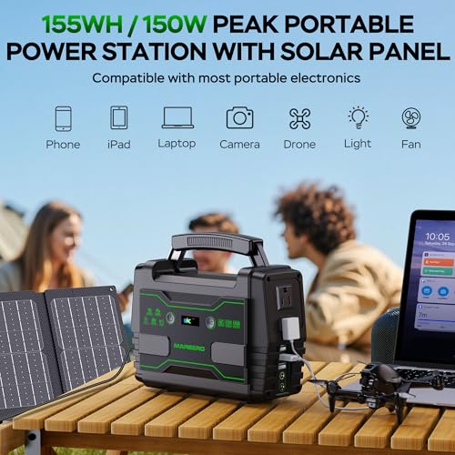 MARBERO Solar Generator 155Wh with 30W Solar Panel Portable Power Station with 2x 100W AC Outlets(Peak 150W), QC3.0 USB UL Certified for Home Blackout, Camping, RV Travel, Ultra-Light & Silent Fan