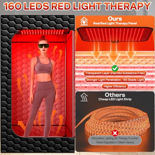 bsdonte Infrared Sauna Box, 160 LEDs Red Light Sauna Steam Room, Portable Steam Sauna Tent with Red Light Therapy, 3L/1200W Steamer, 15 Heating Levels, Chair, Indoor Saunabox for Home Steam Spa