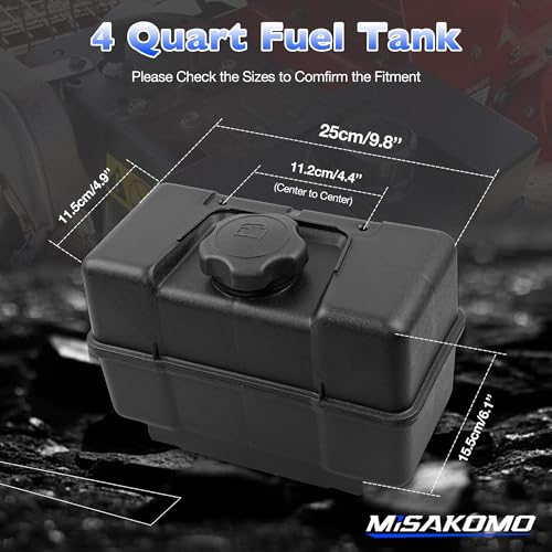Misakomo 691993 Fuel Tank - 4 Quart Plastic Gas Tank with Shut Off Valve and Cap - Fuel Gas Tank Compatible with Lawn and Garden Equipment Engines - Lawnmower Gas Tank for Remote Mounting