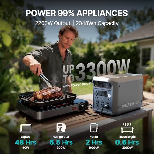 DABBSSON 2048Wh Portable Power Station, Safe Semi-Solid LiFePO4, 3300W Power Boost, 2200W AC Output ×6, 41lb,Compact & Lightweight, 1.3X Runtime, 2000L Solar Generator for Camping/Home/RV