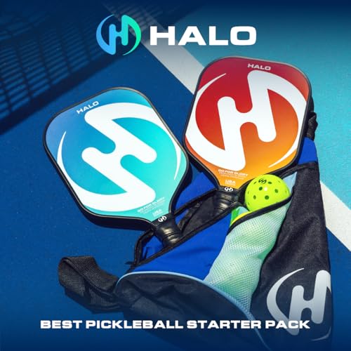 HALO PICKLEBALL Set of 2 Paddles with 4 PICKLEBALLS and Carrying Bag, Fiberglass Surface Pickleball Paddles - Durable Pickleball Paddles Set for 2 - Pickleball Bundle