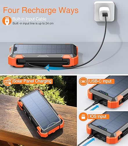 GOODaaa Portable Charger 42800mAh Built in 4 Cables and Thermometer 15W Fast Charging Power Bank Five Outputs Three Inputs Solar Charger Power Bank, SOS/Strobe/Strong Flashlights, Carabiner