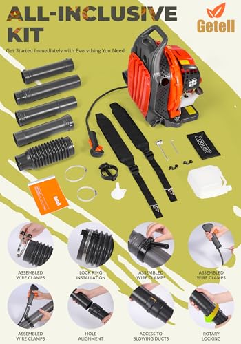 Getell Gas Powered Backpack Leaf Blower – 65CC 2-Stroke Engine, 850 CFM & 220 MPH for Heavy Duty Commercial Lawn Care, Wet Leaf & Debris Removal (GT3672)