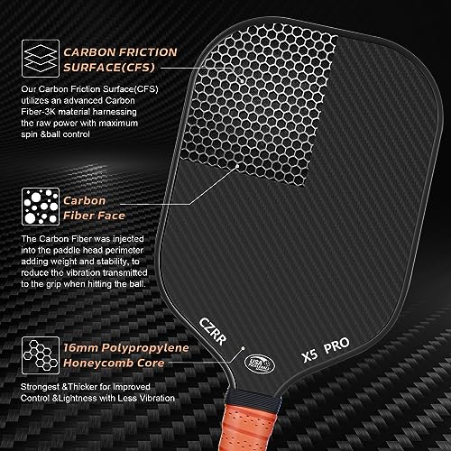 Pickleball Paddle, USA Pickleball Approved, 3K Raw Carbon Fiber Surface (CFS) High Grit & Spin, with 16MM Polypropylene Honeycomb Core, Ideal for Novice and Professional Players