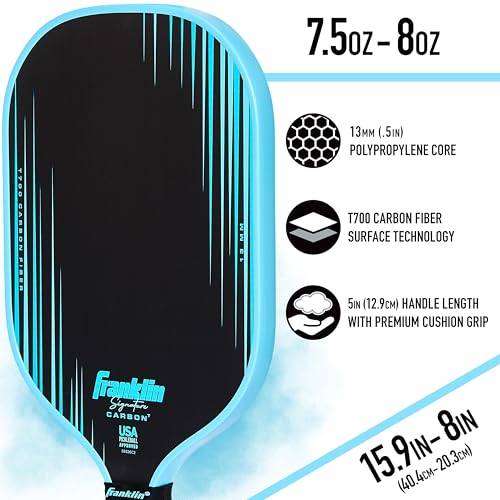 Franklin Sports Pro Pickleball Paddles - Signature Carbon Series -T700 Carbon Fiber Surface - USA Pickleball (USAP) Tournament Approved - 13mm Polypropylene Core -Traditional Shape - Blue