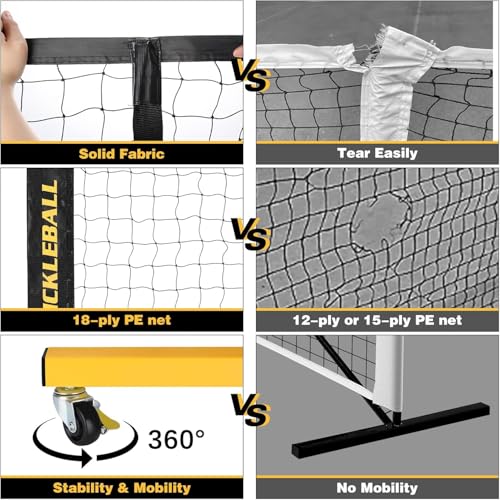 Pickleball Net with Wheels, Portable 2-in-1 Pickle Ball Net with Ball Collector,22FT Regulation Size & 11FT Half Court Size, Carry Bag, Steady Metal Frame for Outdoor Indoor Driveway (Black&Yellow)