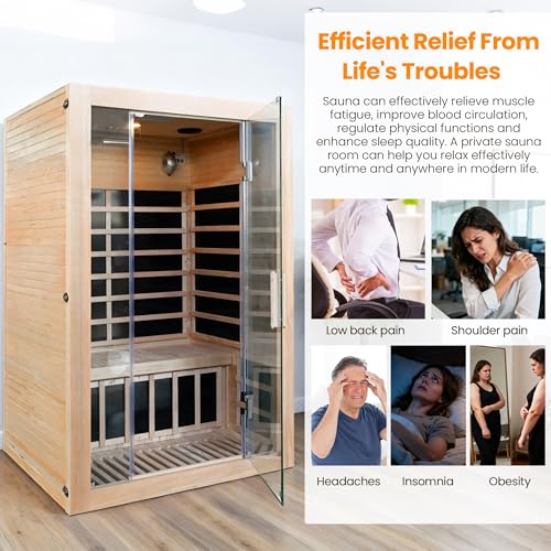 2 Person Infrared Sauna, Hemlock Wood Low EMF Infrared Saunas for Home, 1760w/120v Indoor Personal Sauna Room with Bluetooth, 7 Color Therapy Light, 7 Heating Panels