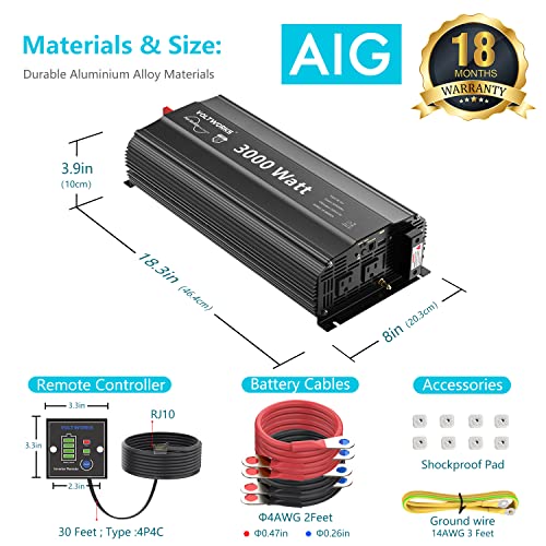 3000 Watt Pure Sine Wave Inverter 12V DC to 110V 120V AC with UL Fuses 3000W Power Inverter for Home RV Truck Off-Grid Solar with AC Hardwire 30A Compatible with Lithium Battery VOLTWORKS