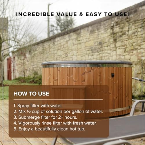 Hot Tub Filter Cleaner - 6 Month Supply - 4 to 8 Uses - 32 oz Spa Filter Cartridge Cleaner - Hot Tub & Pool Filter Cleaner Soaking Solution - No Residue or Foam - Restores Filter - Safe & Non-Toxic