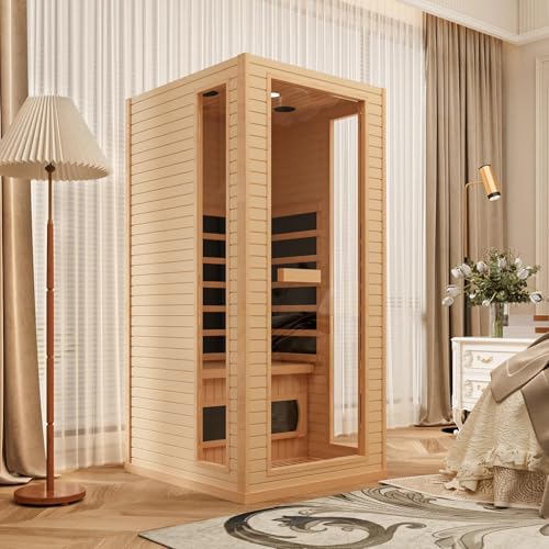 SWHSE Infrared Sauna, 1 Person Full Spectrum Roomy Saunas for Home, Indoor Dry Sauna with Rapid Heating 4 Carbon Panels&1 Carbon Tube, Bluetooth and 7 Color Therapy Lights, 110V