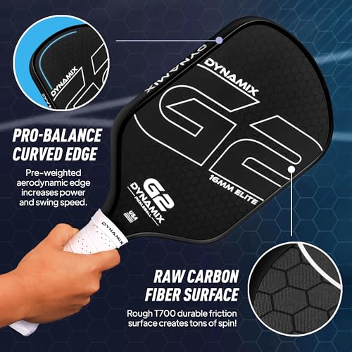 Pickleball Paddles, Carbon Fiber Pickleball Paddle, G2 (Gen2) 16mm USAPA Raw Carbon Pickleball Racket, Pro-Grade Thermoformed Pickle Ball Paddle for Control, Power, Spin by Dynamix (White, Black Edge)