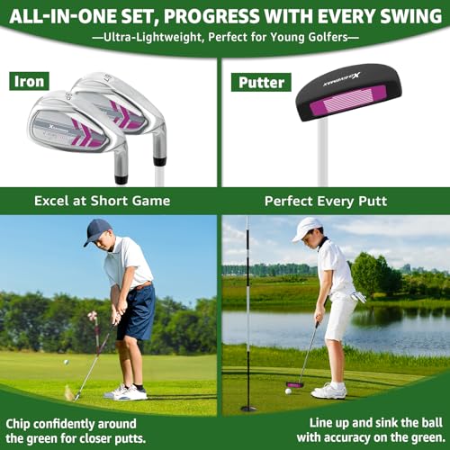 XDriveMax 5 Pieces Kids Golf Club Set, Junior Golf Club Set Ages 5-8 Includes Stand Bag, 5# Hybrid, 6/7#, 9/P# Irons and Putter Right Hand for Boys Girls,Pink