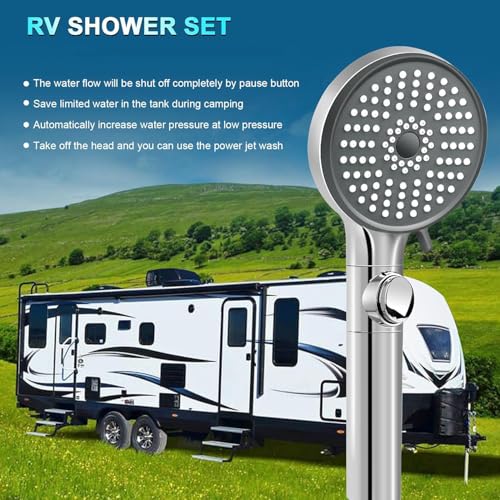 RV Shower Head with Hose, High Pressure 5 Mode Shower head Replacement, Shower Head for RV/Campers, Travel Trailer, Motorhome for Water Saving, Handheld Shower Head Holder and Hose, On Off Switch
