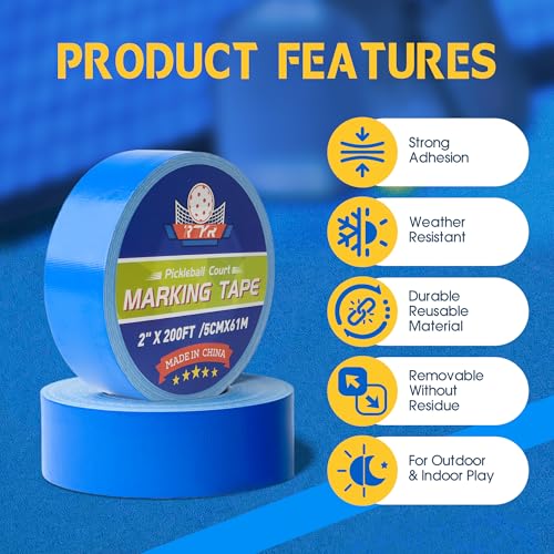Pickleball Court Tape - 2" x 200 ft Blue Line Marking Kit | Temporary No-Residue Tape | Easy Apply & Remove | Outdoor/Indoor for Courts, Gym, Driveway, Backyard