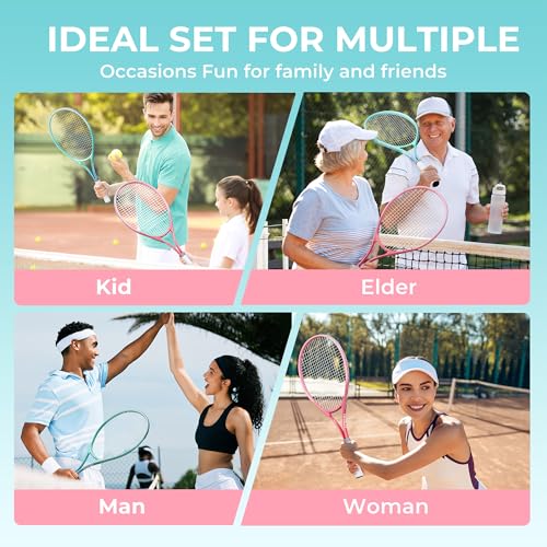 HIRALIY 27" Tennis Rackets Set for Adults, 2 Player Pre-Strung Tennis Racquets, 2 Overgrip Tapes,3 Balls, and 1 Carrying Bag, Outdoor Recreational Sport for Beginner (Pink/Green)