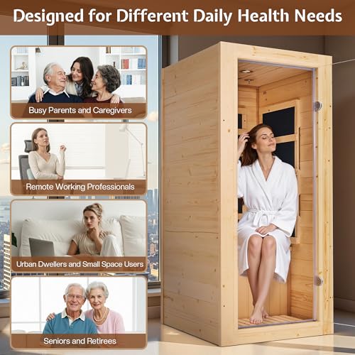 Jocisland 1 Person Infrared Sauna–Low EMF 110V Red Light, Pre-Warms to 149℉ in 20 Minutes,106lbs Lightweight Spruce Wood Infrared saunas,Compact Dry Sauna for Home Spa & Apartments