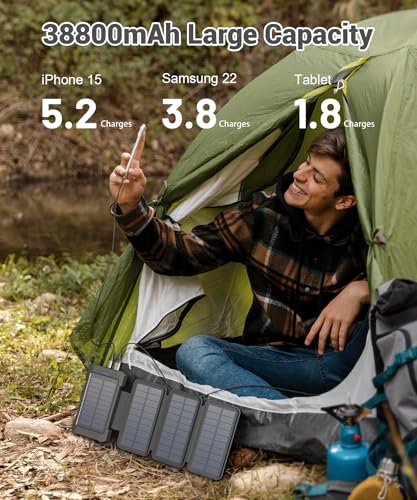 Solar Power Bank 38800mAh with 4 Solar Panels, Portable Charger USB C 18W Fast Charging for iPhone Samsung, IP67 Waterproof Outdoor External Battery Pack with Flashlight/SOS/Strobe (Black, 38800mAh)